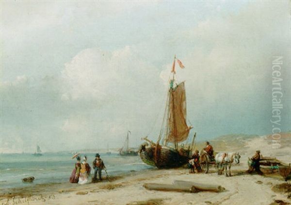 Elegant Figures By A Beached Bomschuit Oil Painting by Andreas Schelfhout