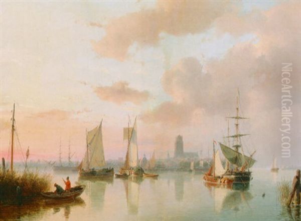 Boats On The Merwede Near Dordrecht by Andreas Schelfhout