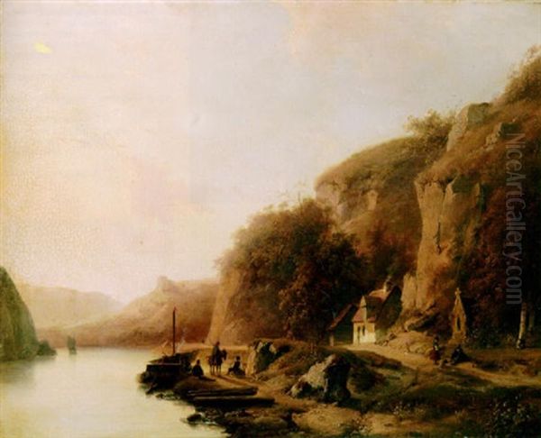 View Of A River Gorge With Figures Near A Barge Oil Painting by Andreas Schelfhout