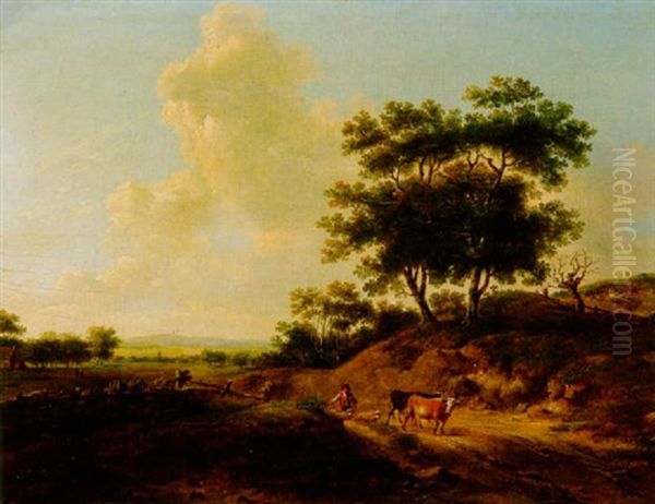 Kuhhirte Mit Herde In Weiter Landschaft Oil Painting by Andreas Schelfhout