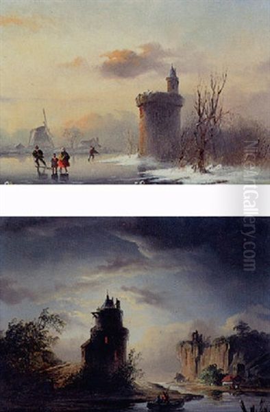 Skaters Near A Castle Oil Painting by Andreas Schelfhout