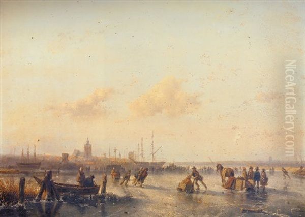 Figures Skating On A Frozen River Before A Town Oil Painting by Andreas Schelfhout