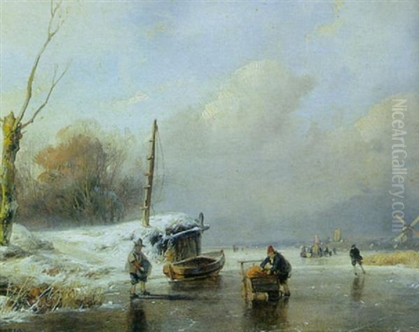 A Winter River Scene With Figures On The Ice In The Foreground Oil Painting by Andreas Schelfhout