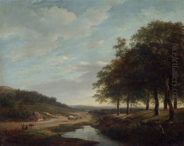 An Extensive Summer Landscape With Travellers And A Haywagon On A Sandy Track Oil Painting by Andreas Schelfhout