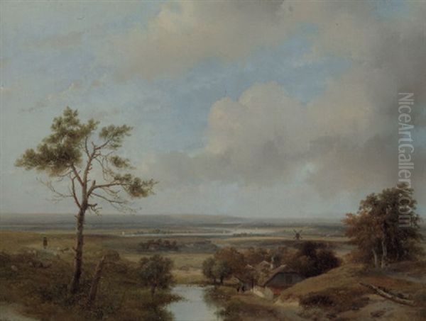 A Panoramic Dune Landscape In The Vicinity Of Haarlem With Villagers Conversing By A Barn In The Foreground Oil Painting by Andreas Schelfhout