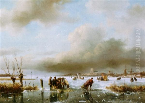 Skaters On A Frozen River Near The City Of Dordrecht Oil Painting by Andreas Schelfhout