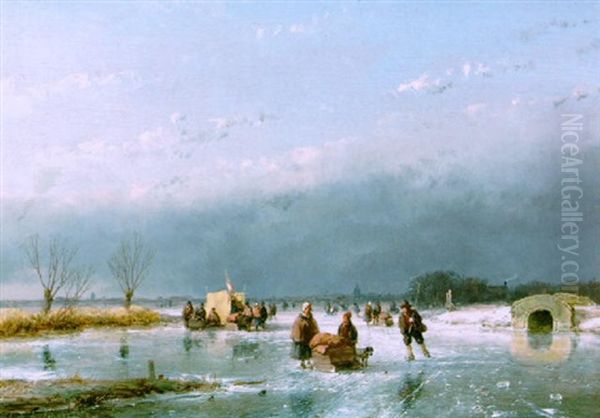 A Frozen Waterway With Skaters And A Koek En Zopie On The Ice Oil Painting by Andreas Schelfhout