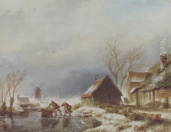 Winterlandschaft Mit Zugefrorenem Kanal Und Zwei Schlittschuhlaufern Oil Painting by Andreas Schelfhout