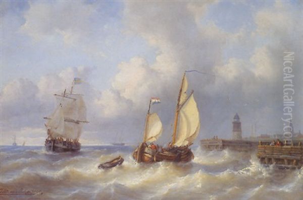 Schwedischer Dreimaster Und Hollandischer Kustenfrachtsegler Vor Dem Hafen Einer Hollandischen Kustenstadt Oil Painting by Andreas Schelfhout