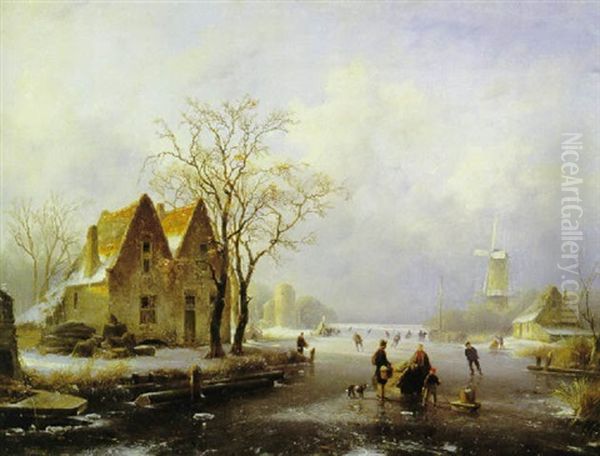 Skaters And Other Figures On A Frozen River Oil Painting by Andreas Schelfhout