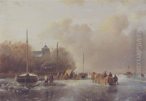 Paysage D'hiver Au Traineau Oil Painting by Andreas Schelfhout