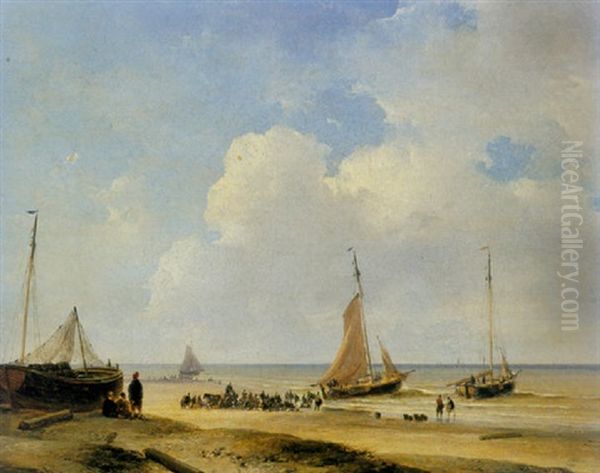 Fishermen With Bomschuiten On The Beach Oil Painting by Andreas Schelfhout