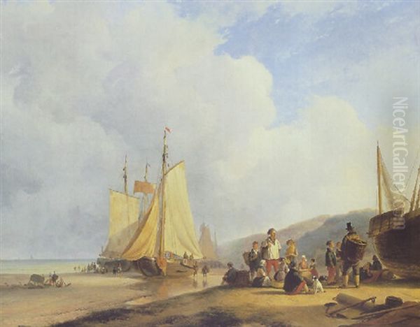 Figures By A Fishmonger On The Beach Oil Painting by Andreas Schelfhout