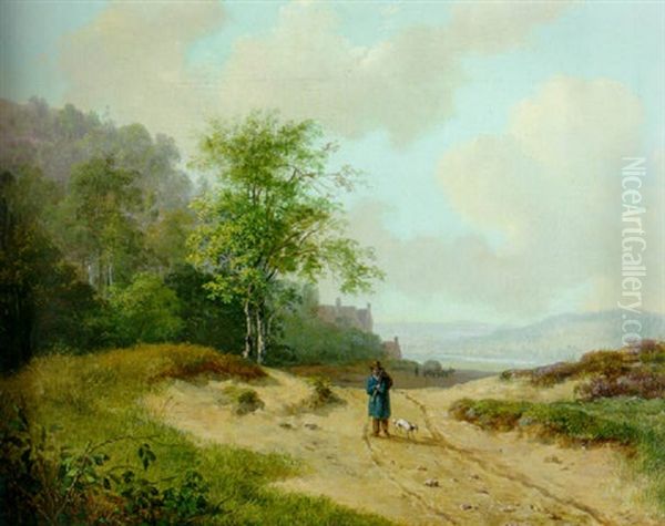 A Summer Landscape With A Traveler And Dog On A Sandy Track Oil Painting by Andreas Schelfhout