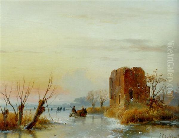 A Sunny Winter`s Day With Skaters By A Fortified Ruin Oil Painting by Andreas Schelfhout