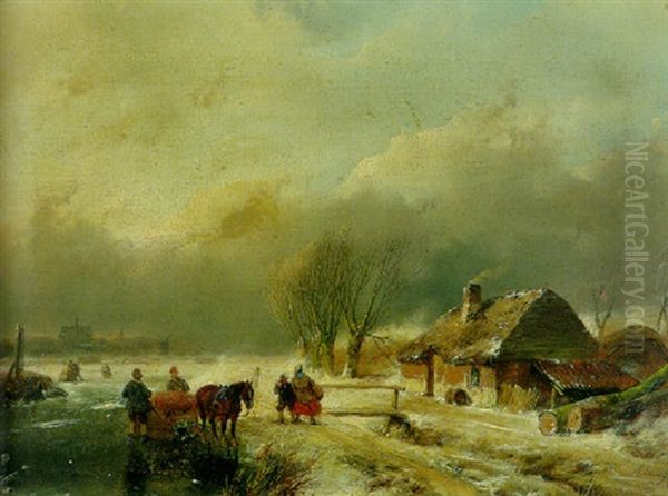 A Winter Landscape With A Horse-drawn Sledge On A Frozen Waterway Oil Painting by Andreas Schelfhout