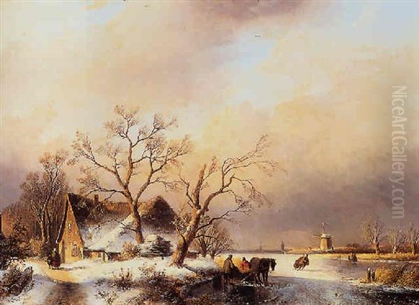 Winterlandschap Met Figuren Op Het Ijs En Boerderijen Oil Painting by Andreas Schelfhout