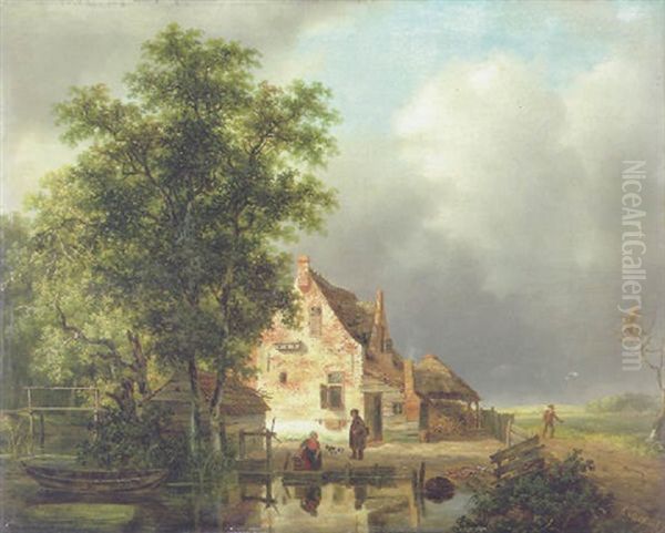 Weite Niederlandische Landschaft Mit Einem Bauerngehoft Oil Painting by Andreas Schelfhout