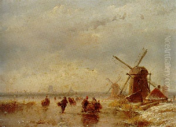 Frozen Winter Landscape With Windmills Oil Painting by Andreas Schelfhout