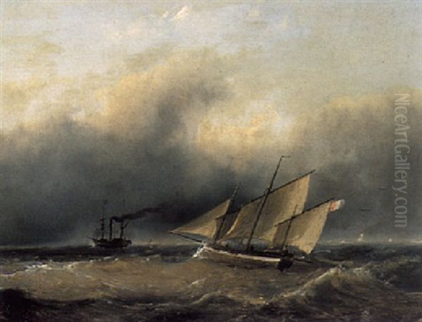 Ships On A Choppy Sea Oil Painting by Andreas Schelfhout