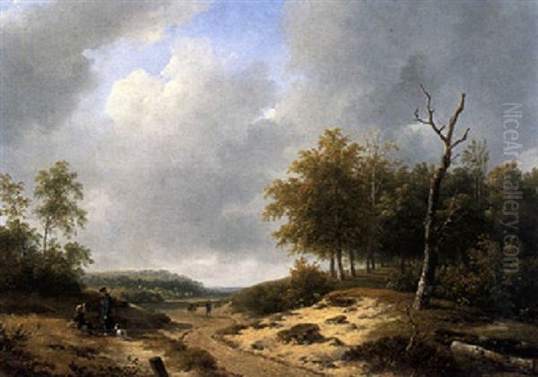 Figures In A Summer Landscape Oil Painting by Andreas Schelfhout