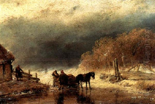 Figures With A Horse-drawn Cart On The Ice Oil Painting by Andreas Schelfhout