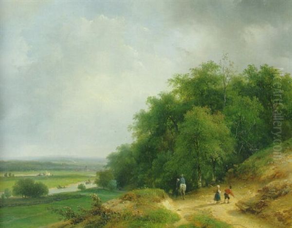 An Extensive Wooded Summer Landscape With A Man On A Horseback And Travellers On A Sloping Sandy Track Oil Painting by Andreas Schelfhout