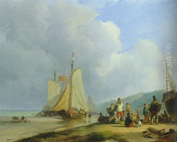 Villagefolk Gathered Around A Fishmonger On A Beach Oil Painting by Andreas Schelfhout