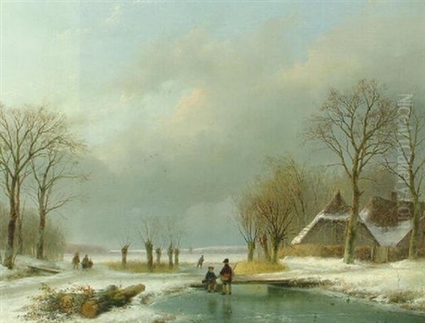 A Winter Landscape With Sportsmen Conversing On The Ice, A Peasant Couple On A Path And Farms Beyond Oil Painting by Andreas Schelfhout