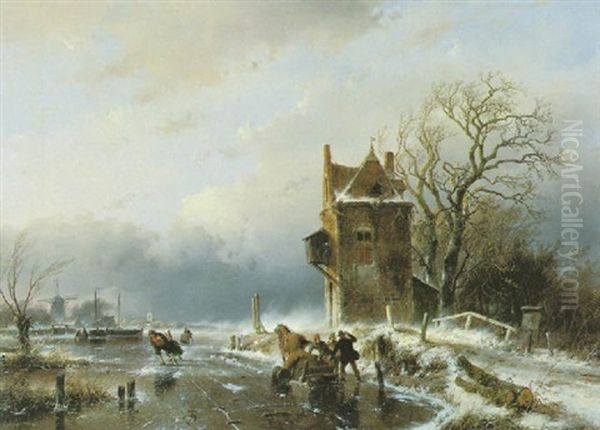 Bevroren Vaart Met Schaatsenrijders Oil Painting by Andreas Schelfhout