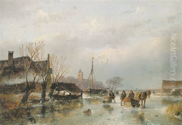 Figures On A Frozen Lake Oil Painting by Andreas Schelfhout