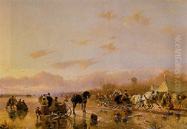 A Winter Landscape With Skaters And Horse Drawn Sleighs Oil Painting by Andreas Schelfhout