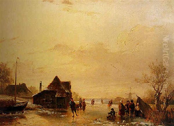 Skaters On A Frozen River Near A Koek En Zopie Oil Painting by Andreas Schelfhout