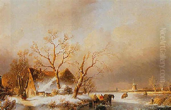 Figures Near A Pushcart On A Frozen River Oil Painting by Andreas Schelfhout