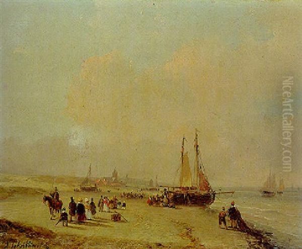 Elegant Figures On The Beach Welcoming The Fleet, Scheveningen Beyond Oil Painting by Andreas Schelfhout