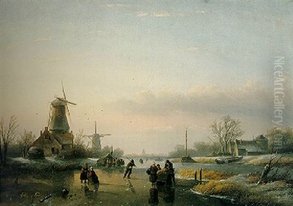 Skaters On A Frozen Lake Oil Painting by Andreas Schelfhout