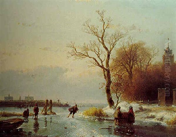 A Winter Landscape With Skating Figures Oil Painting by Andreas Schelfhout