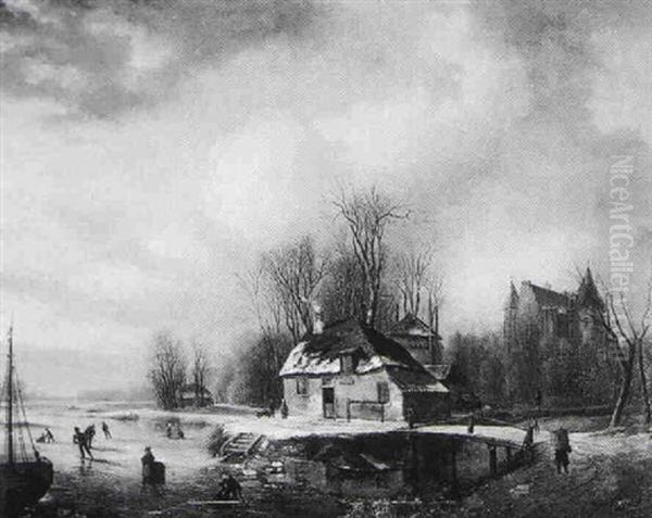 Winter Landscape With Figures On The River Oil Painting by Andreas Schelfhout