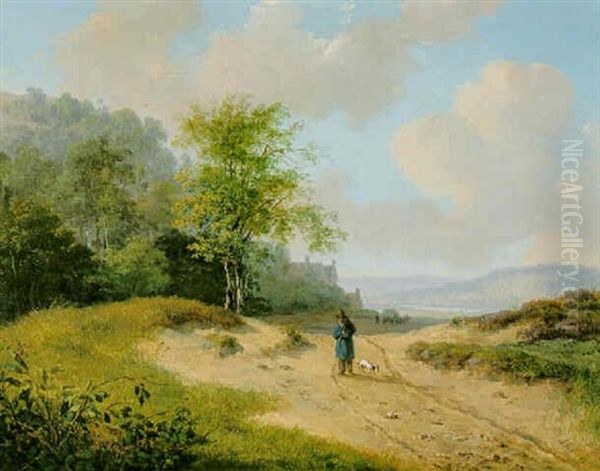 Traveller With His Dog In An Extensive Summer Landscape Oil Painting by Andreas Schelfhout