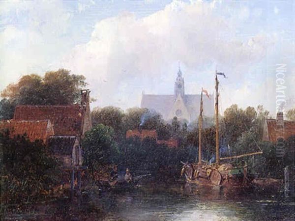 A River Landscape With Figures In A Rowing Boat And A Barge In The Foreground, With The St. Bavo-church, Haarlem, Beyond Oil Painting by Andreas Schelfhout