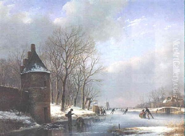 A Winter Landscape With Skaters On A Frozen River Oil Painting by Andreas Schelfhout