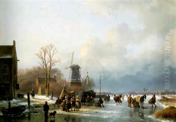 Skaters On A Frozen Lake Oil Painting by Andreas Schelfhout