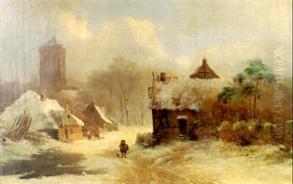 A Village Scene In Winter Oil Painting by Andreas Schelfhout