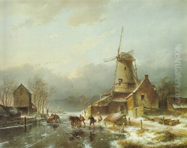 An Icy River By A Windmill Oil Painting by Andreas Schelfhout