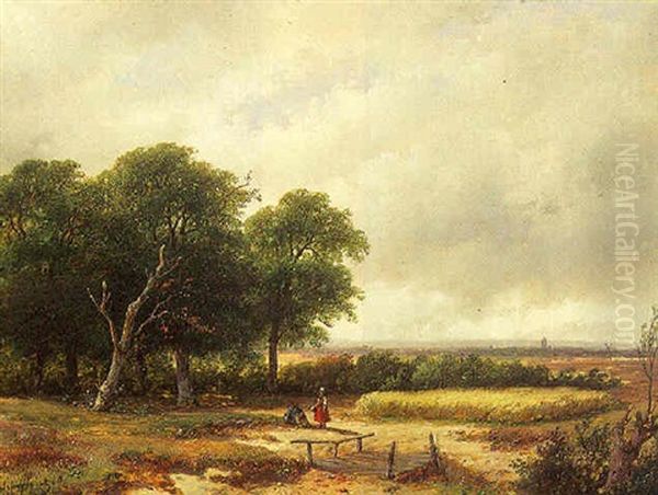 An Extensive Landscape With Figures Resting, A City In The Distance Oil Painting by Andreas Schelfhout