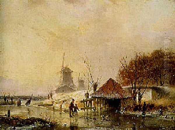 A Man And A Dog Standing By A Shed On A Frozen River, Windmills Beyond Oil Painting by Andreas Schelfhout