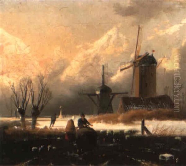 Figures In A Frozen River Landscape Oil Painting by Andreas Schelfhout