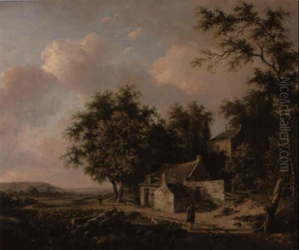 Figures Before A Cottage In An Extensive Wooded Landscape Oil Painting by Andreas Schelfhout