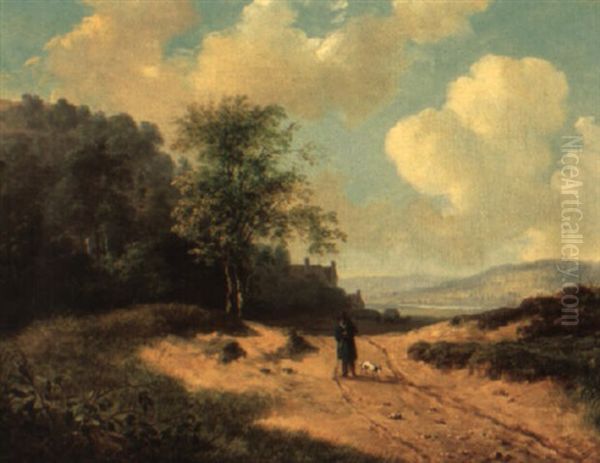 A Summer Landscape With A Man And His Dog On A Path Oil Painting by Andreas Schelfhout