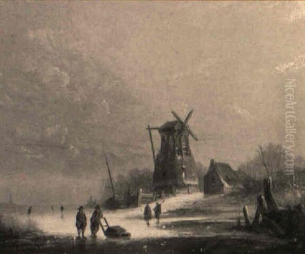 A Winter Scene Oil Painting by Andreas Schelfhout